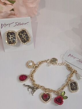 Betsey Johnson - Gold-Tone Leopard & Red Charm Bracelet with Matching Earrings